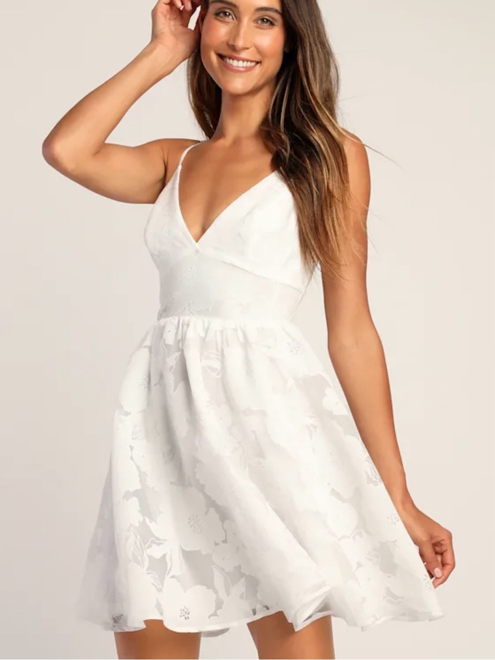 White Floral V-Neck Spaghetti Strap Dress from Lulus